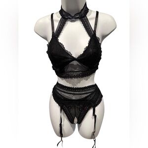 Seven ‘til Midnight 3 Piece Set Black Lace Garter Belt Panty Bralette Medium